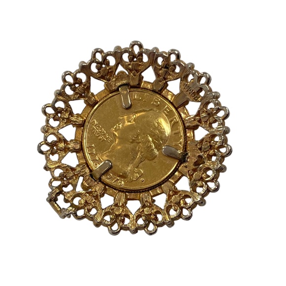 Gold Plated Quarter Pendant Filligree 1976 Bicentennial Patriot Signed Roma - Picture 3 of 8